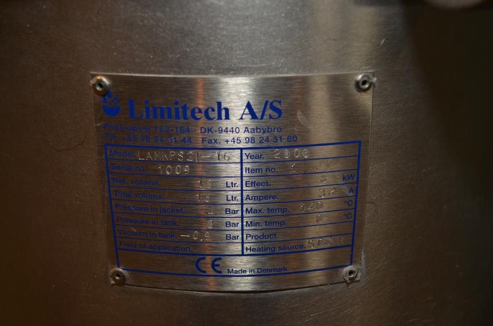 Limitech 10 Liter T316 Jacketed Heat or Cooling Vacuum HighShear Scrape Agitated Tank