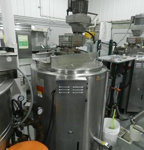 (2) 100 Gal Groen Model EE100 Self Contained S/S Sweep Scrape Agitated Kettles
