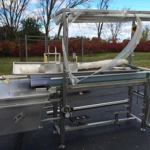 7 ft L x 19 in W S/S Table with Conveyor, Foot Stands, and 3 ft Square Hopper
