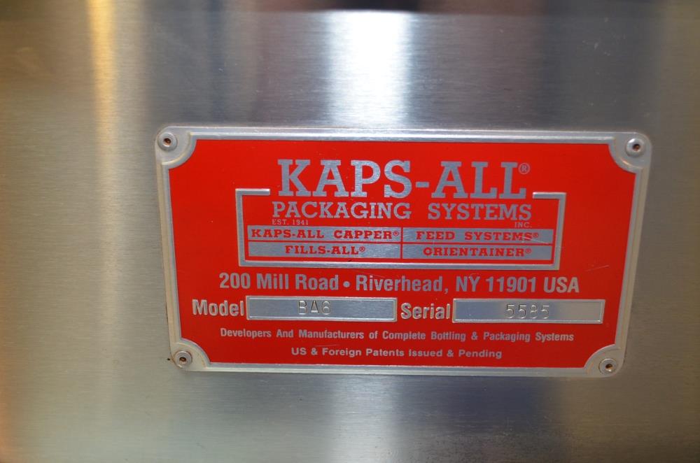 Kaps All Model BA6 200 BPM Over Capper with Sorter and Elevator