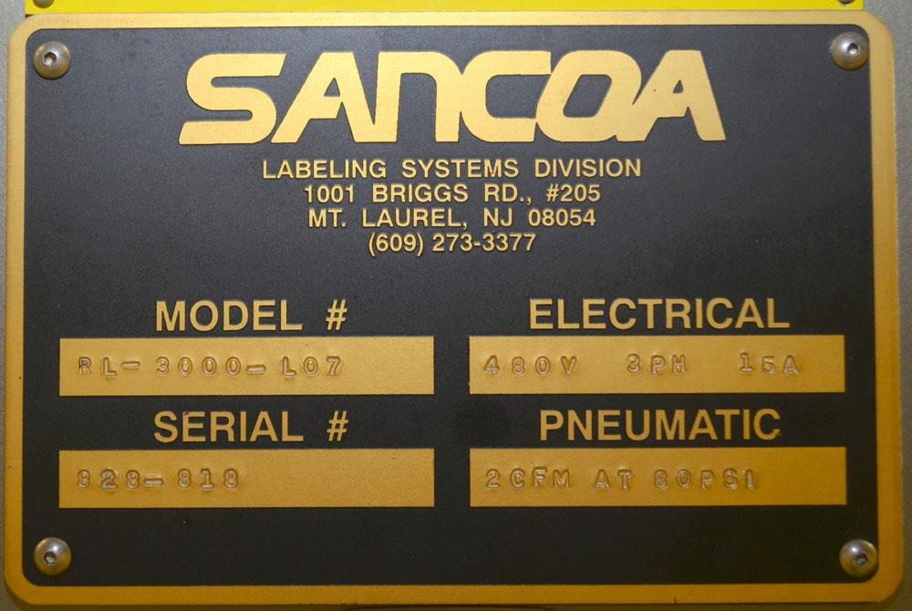 Sancoa Model RL3000L07 220 PPM Front Back, and Side Pressure Sensitive Rotary Labeler