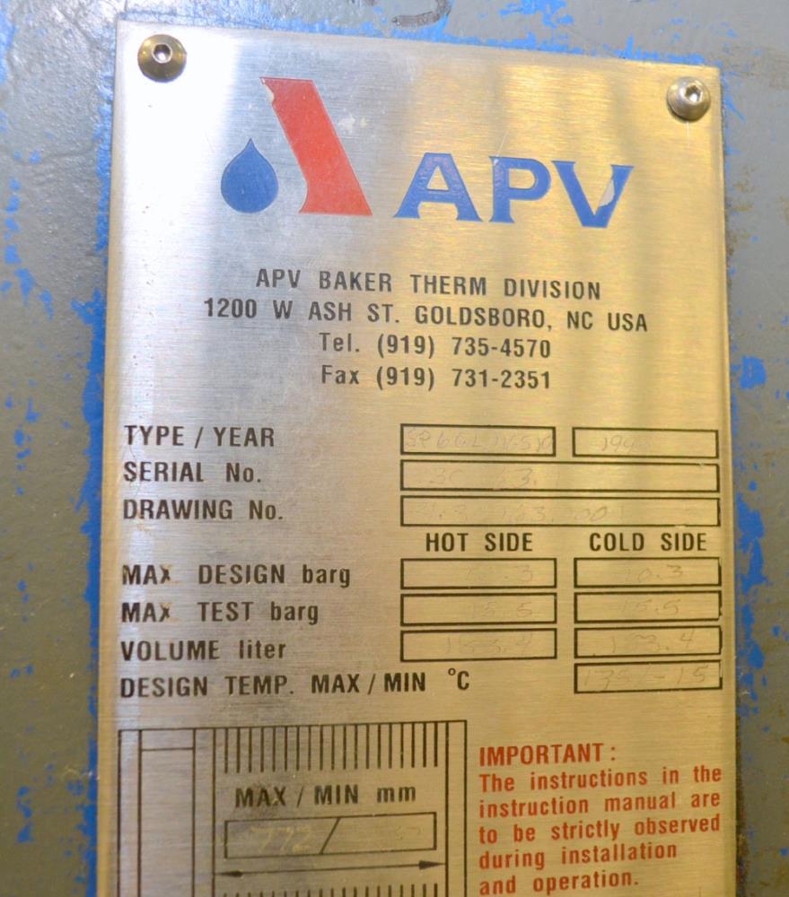 APV Model SR6GL S/S Plate and Frame Heat Exchanger