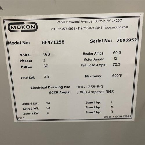Mokon Model HF471258 48kW Dual Zone 600 Degree Oil Heater