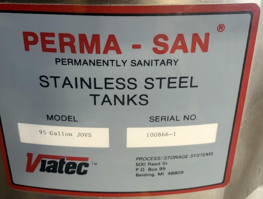 95 Gallon Perma-San Model JOVS S/S Jacketed Turbine Agitated Mix Tank