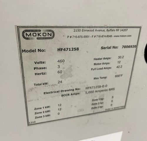 Mokon Model HF471258 24kW Dual Zone 600 Degree Oil Heater