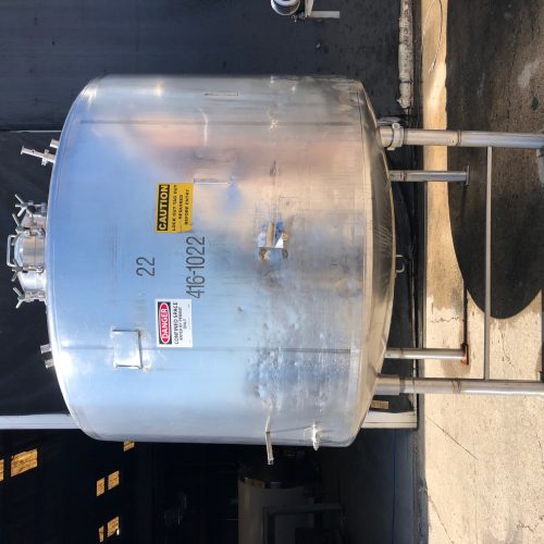 1,600 Gallon Mueller Model E 316 S/S Vertical Jacketed Pressure Tank with Agitator