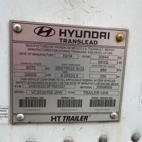 2015 Hyundai Model VC2530152JSW 53 Ft H Composite Food Grade Dry Van Trailer