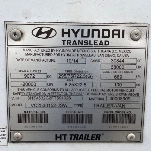2015 Hyundai Model VC2530152JSW 53 Ft H Composite Food Grade Dry Van Trailer