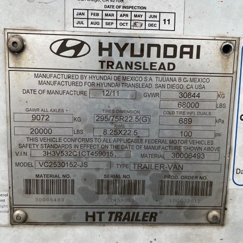 2012 Hyundai Model VC2530152JSHT 53 Ft H Composite Food Grade Dry Van Trailer