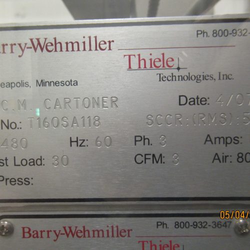 Barry Wehmiller Thiele Model CM Automatic Continuous Horizontal Cartoner with Arm Mounted Controller and Safety Panels